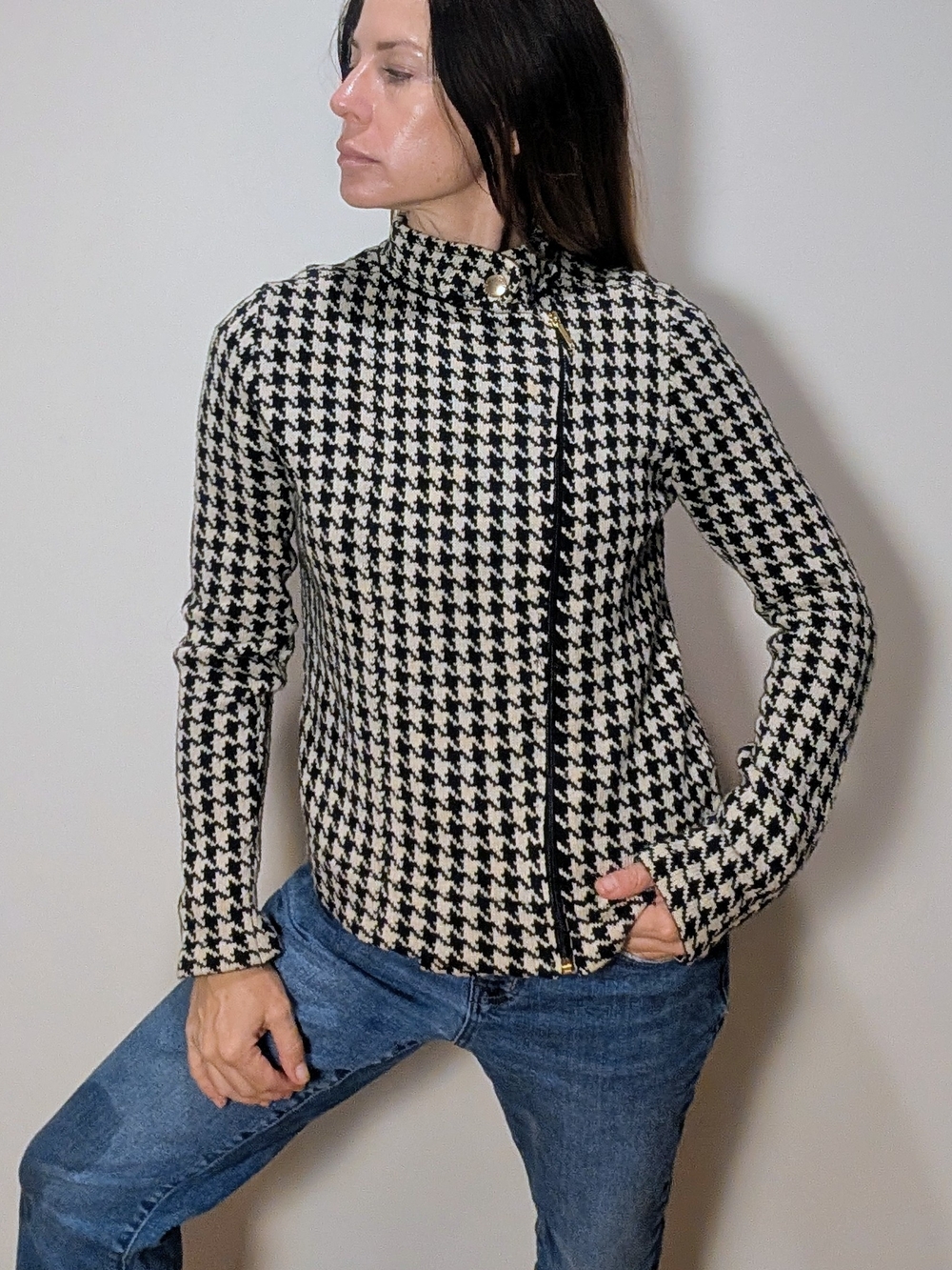 Chaps Ralph Lauren Houndstooth Moto Jacket Black Cream Gold Zip